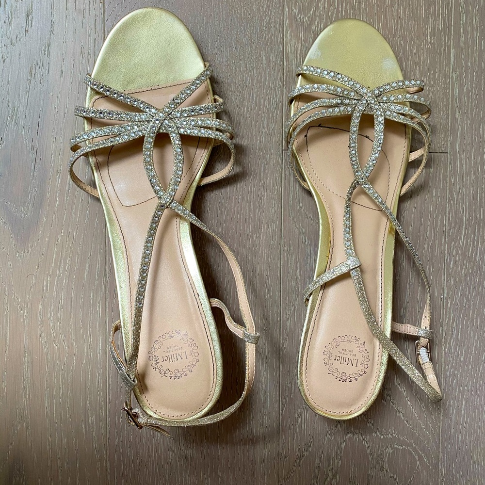 Gold sparkly slingback with 1.75” wedge heel